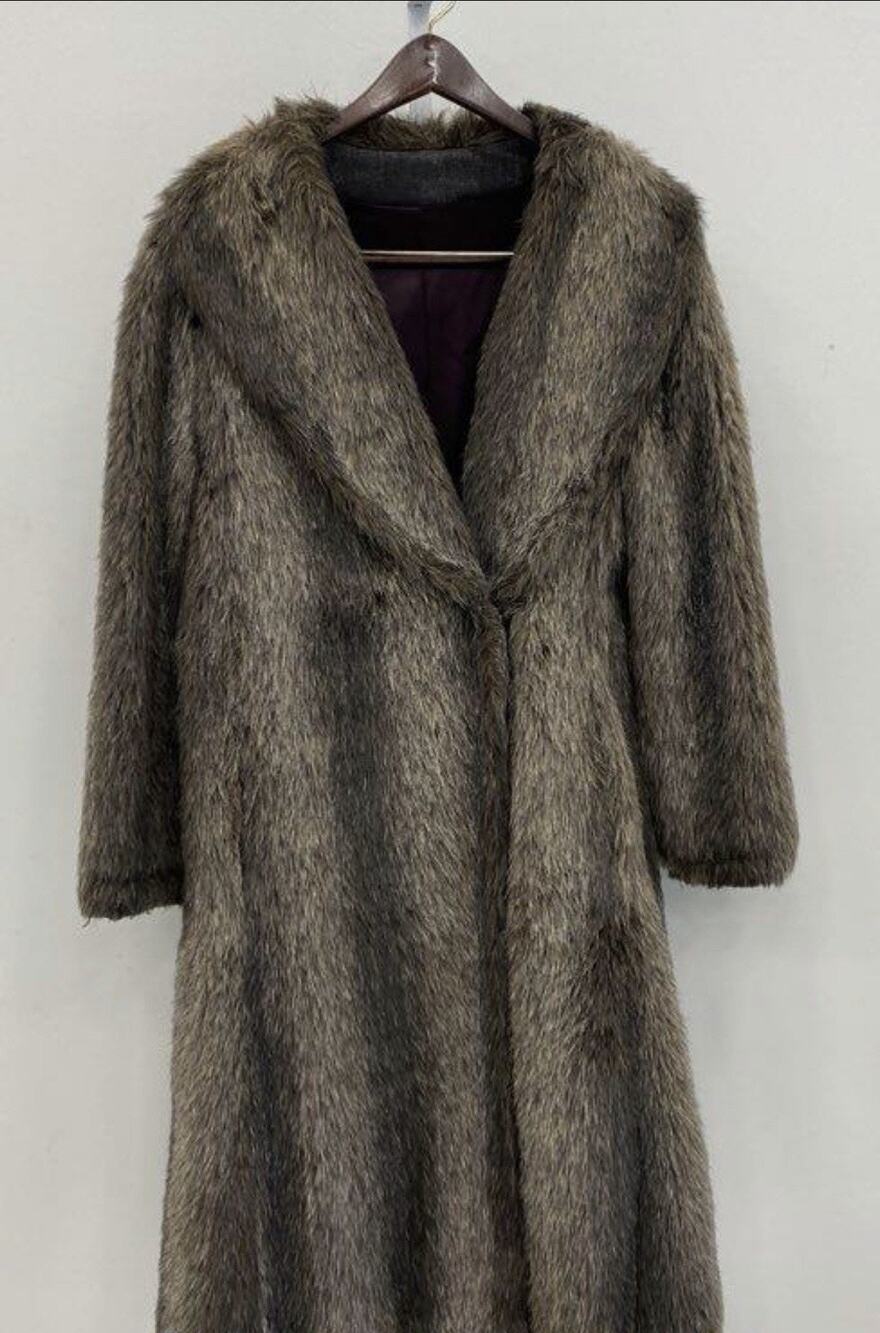 Vnt 70’s Women's Faux Fur Coat w/ Leather Trim Jacket Long Mob Raccoon Small 36w